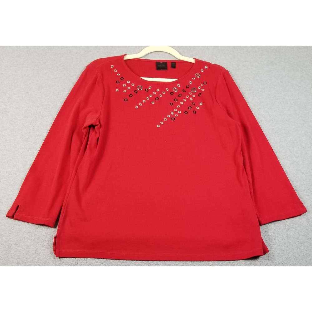 Rafaella Top Womens L Large Red Embellished 3/4 Sleeve Cotton Casual Tee Stretch